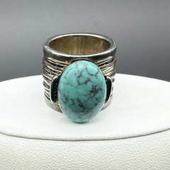 Vtg Silver Tone Faux Turquoise Wide Cigar Band Statement Cocktail Ring Size 5.5