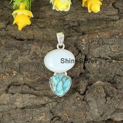 Natural White Opal And Turquoise Stone Silver Unique Pendant Necklaces