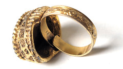 Vintage Blue Glass Ring Floral Dome Gold Tone Metal Band Adjustable Etched