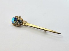 Vtg Sword Saber Brooch Dress Coat Kilt Pin Gold Tone AB Blue Rhinestone 3.5 In