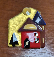Vintage 90’s House Pins by Lucinda Red Home With Moon in Sky Pin / Brooch