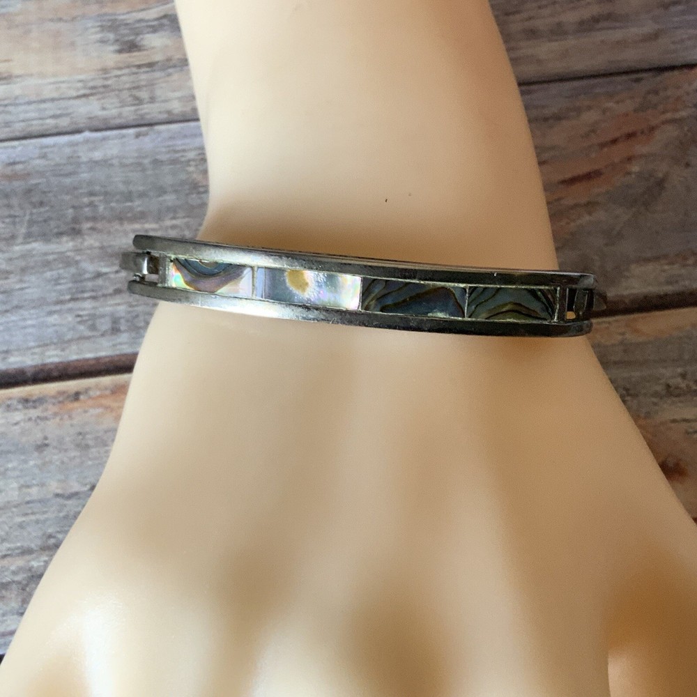 Made in Mexico abalone shell hinged tension bangle bracelet Mexican silver