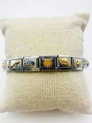 Vintage Italian Stainless Steel 18k Gold Assorted Charm Bracelet Amethyst 7.5”