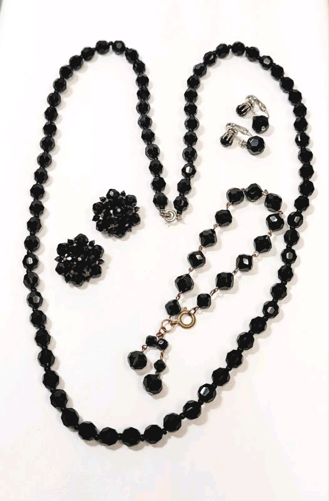 Vtg Black Crystal Glass Beads 2 Pr Earrings Bracelet & Necklace Goth Victorian