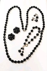 Vtg Black Crystal Glass Beads 2 Pr Earrings Bracelet & Necklace Goth Victorian