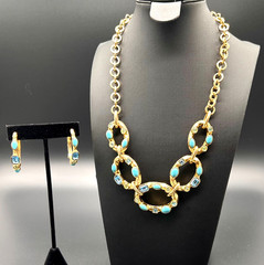RJ Graziano Vintage Turquoise Blue Topaz Crystal Gold Tone Necklace Hoop Earring