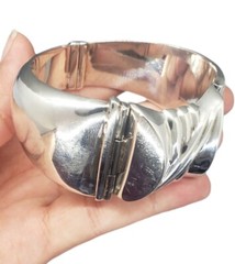 Rare Vintage Art Deco Sterling Silver Heavy Hinged Bangle Bracelet 74+ grams