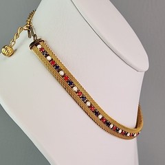 Mesh Necklace Huggie Clip Earrings Set Red White Blue Rhinestones Gold Tone 16″