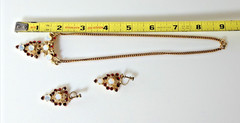Vtg Gold Tone Lavalier Necklace & Earring Set Opaline Cabochons Red Rhinestones