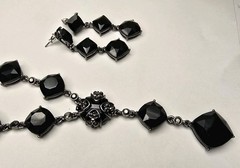 Vintage Crown Trifari Black Crystal Gunmetal Y-Drop Necklace & Earrings Set