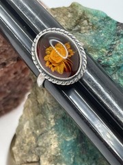 925 Sterling Silver Carved Rose Baltic Amber RING Size 7.25 Estate Vintage
