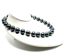Black Tahitian Glass Pearl 13mm Iridescent Peacock Crystal Fireball Necklace VTG