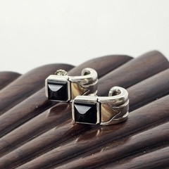 Vintage 925 Sterling Silver & 18 K Gold Black Onyx Screw-back Modernist Earrings