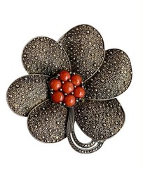 Theodor Fahrner Silver Brooch PIN 925 Markasite and Coral