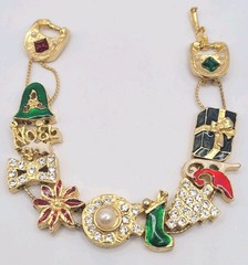 Vintage Christmas Slide Charm Bracelet Gold Tone Rhinestones Enamel Tree Gift 7″