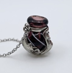 Vintage Artisan Art Glass Perfume Bottle Pendant Necklace Silver Tone Scent Vial