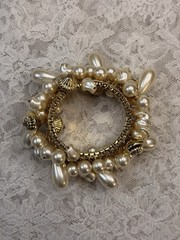 Vintage Faux Pearls MultiBeaded Bracelet Gold Tone Expandable Metal Band Cha-Cha