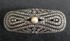 Vtg 935 Silver Marcasite & Pearl Brooch Oblong Infinity MCM Higher Grade Silver