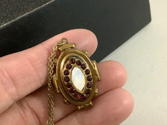 VTG/Antique brass?Czech? Garnet rhinestones Opalite glass pendant necklace 18″
