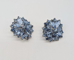 Blue Navette Rhinestone Bar Brooch And Clip On Earrings Open Back