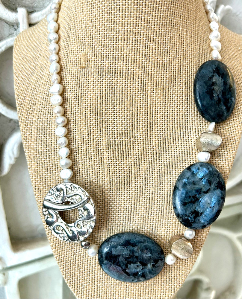 GENUINE PEARL NECKLACE Chunky Gemstone Labradorite & Baroque Pearl Artisan OOAK
