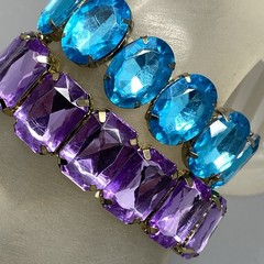 Rhinestone Stretch Bracelet Lot of 6 Blue Purple Clear Acrylic Silver Gold Tone