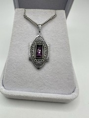 Antique Lavalier Pendant Purple Glass White Gold Plated Filigree Damaged READ