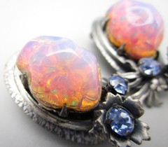 LOVELY VINTAGE SILVERTONE FAUX FIRE OPAL NECKLACE BRACELET EARRINGS SET -GERMANY