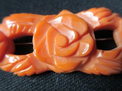 Reddish Orange Rose Bakelite Brooch 3 1/8″ ~YGF
