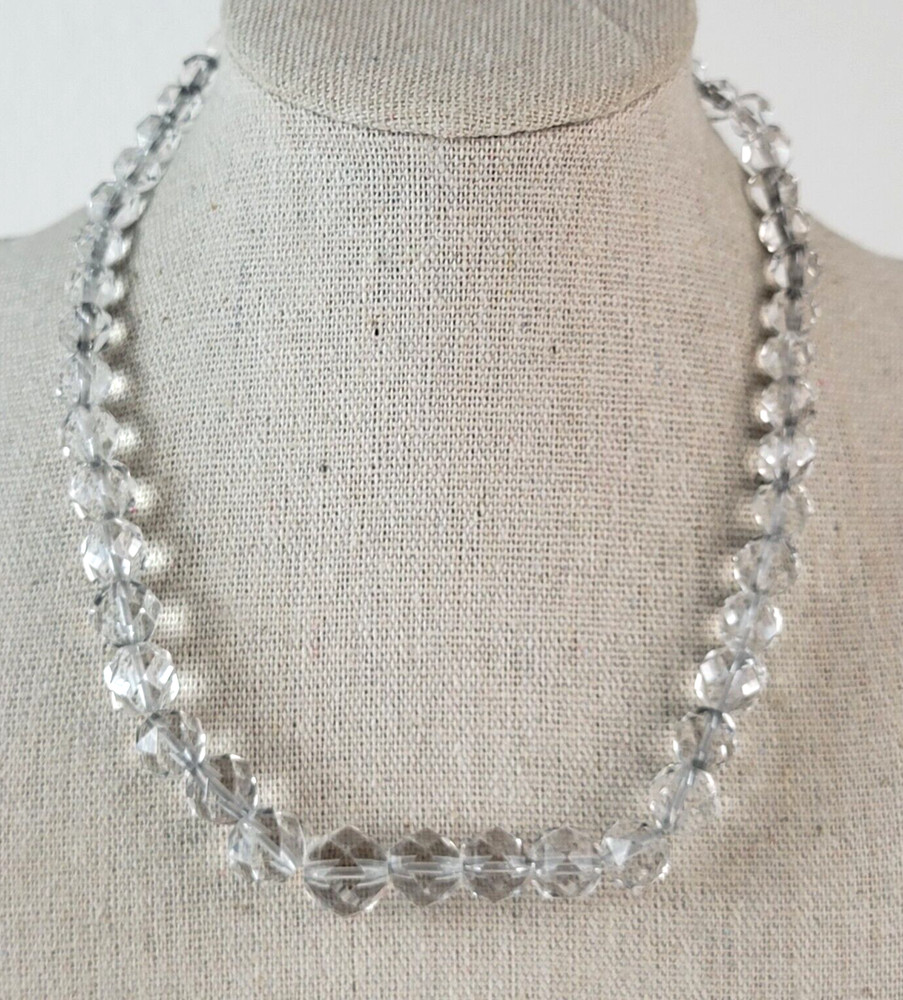 Vintage Sterling Silver Clear Crystal Graduated Beaded Necklace 15″ Spring Ring