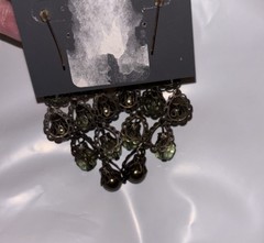 Retro Antiqued Bronze Tone Green Chandelier Dangle Earrings Glass Beads Filigree