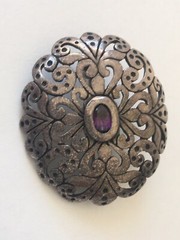 Vintage Jezlaine Sterling Silver Amethyst Filigree Scroll Ornate Brooch Pin