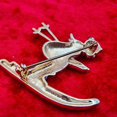 Vintage Skier Brooch Pin Gold Tone Rhinestone Encrusted Green Red Enamel Winter
