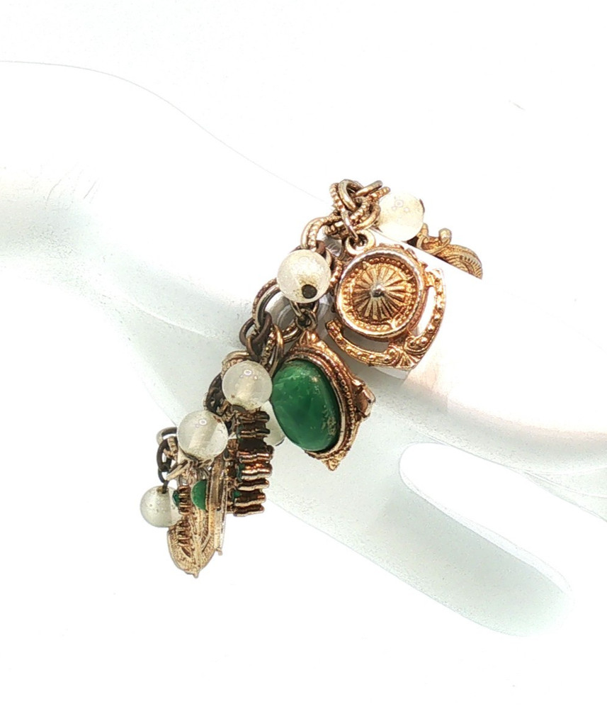 Vintage Gold Tone FOB Charm Bracelet Green Stones Shell Floral Ornate Design