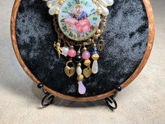 Vintage Signed Katrina Victorian Style Clock Cherub & Heart Dangle Brooch