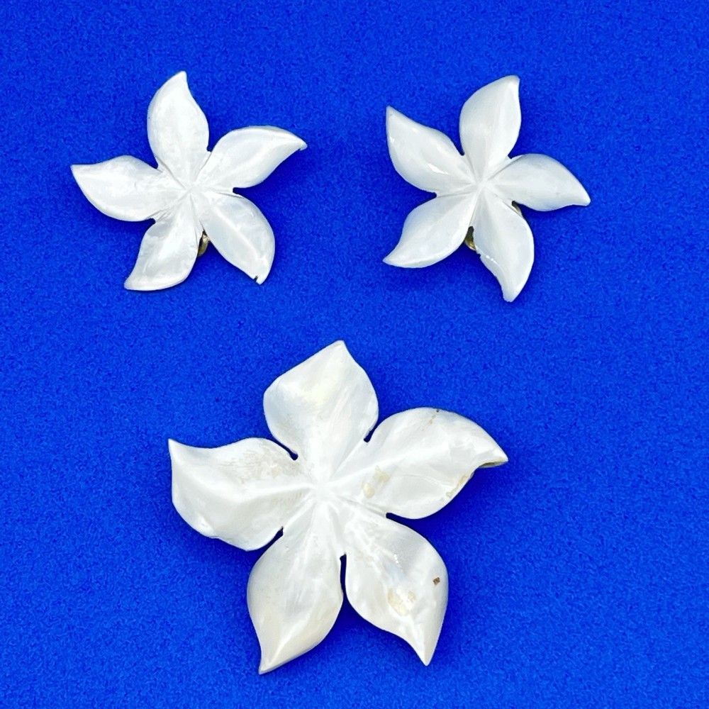 Mother of Pearl Flower Jewelry Lot Brooch Clip On Earrings MOP Floral