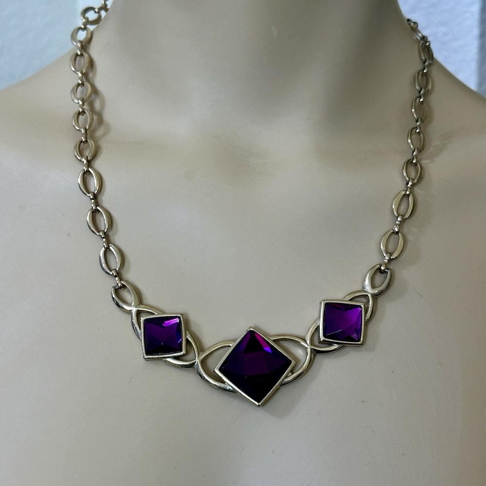VTG Park Lane Accent Necklace 18 Inch Purple Square Facet Glass Bib Gold Signed