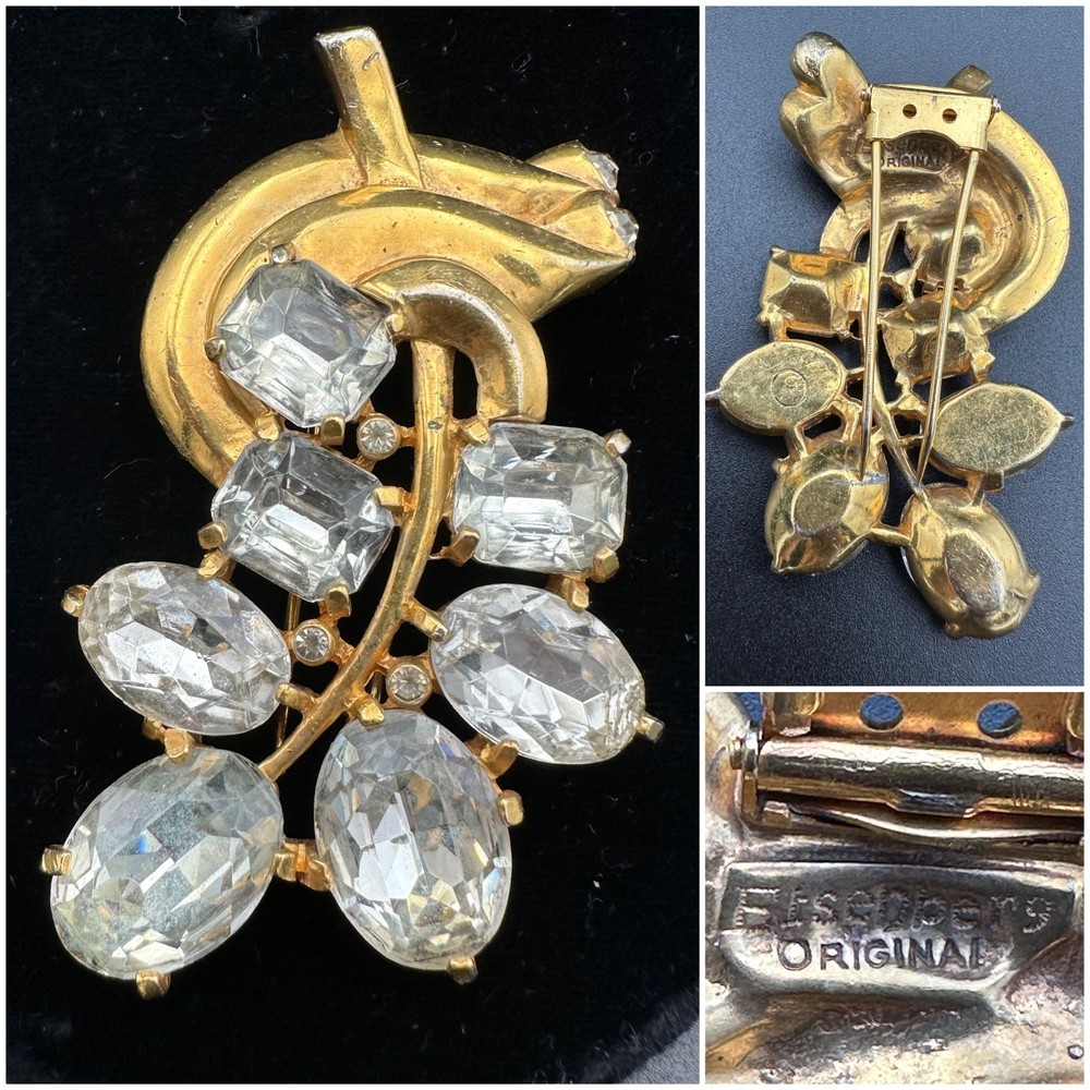 Vintage EISENBERG ORIGINAL Gold-Tone Rhinestone Fur Clip 3″ x 1.5″