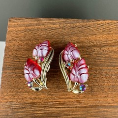 Vintage Rhinestone Flower Earrings Magenta Pink AB Crystal Leaf Climber Signed