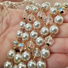 Vintage 56″ Long Faux Pearl AB Crystal Rope Necklace Gold Tone Aurora Borealis