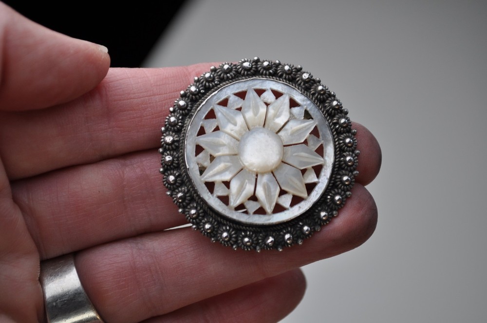 Vintage Jerusalem Silver 935 Brooch with Mother of Pearl