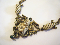 Vintage 50s Selro Selini Buddha Dragon Necklace Gold Tone Rhinestones Resin
