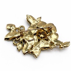 Vintage Signed Monet Peacock Green Enamel Floral Brooch Teal Rhinestones
