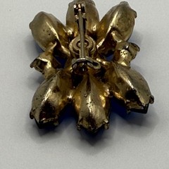 Vintage Sapphire Blue Rhinestone Floral Brooch Gold Tone Mid Century Sunburst