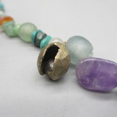 Vintage Stone Necklace Beaded 2 Bells Multicolor 24 Inch