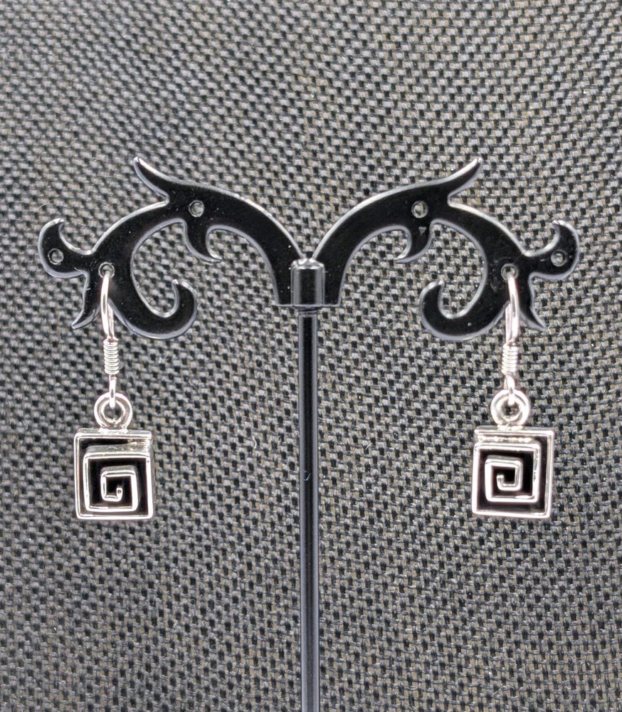 Vtg Sterling Silver Greek Key Maze Spiral Square Shape Hook Dangle 925 Earrings