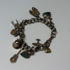 Vintage Silver Tone Double Link Charm Bracelet Bell Violin Airplane Heart