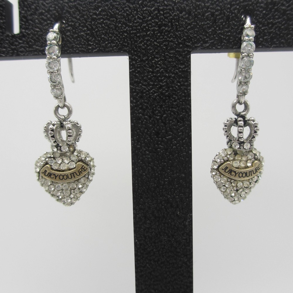 Juicy Couture Earrings Rhinestone Heart Crown Drop Dangle Dainty Post Backs