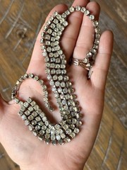 Vintage 1950’s Four Row Rhinestone Choker Style Necklace Silver Tone 15” Inch