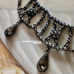 Vintage TARA Aurora Borealis Crystal Festoon Necklace Smoky Drops Gunmetal Chain